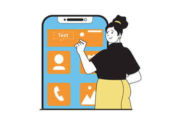 App development concept with people scene in flat web design. Woman designing application interface wireframe layout with usability. Vector illustration for social media banner, marketing material.