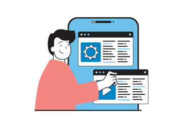 App development concept with people scene in flat web design. Man designing interface wireframe layout amd optimizing content placing. Vector illustration for social media banner, marketing material.