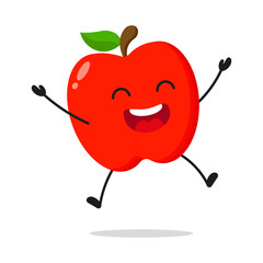 Wall Mural - Cute happy red apple character. Funny victory jump celebration fruit cartoon emoticon in flat style. apple emoji vector illustration