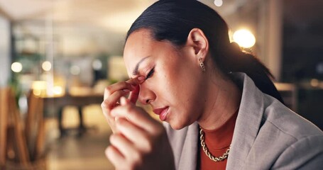 Wall Mural - Night, headache and business woman with stress working on computer in corporate company office with burnout. Overworked, frustrated and employee tired due to mistake, risk or fail on overtime project