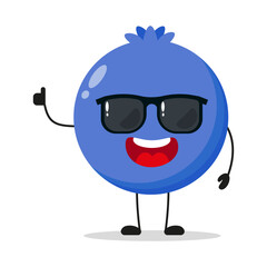 Wall Mural - Cute happy blueberry character wear sunglasses. Funny blueberry greet friend cartoon emoticon in flat style. berries emoji vector illustration