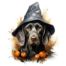 Detailed Vector Illustration Of Halloween Celebration Of Cute German Shorthaired Pointer Dressed As A Witch In T-shirt Design. Halloween T-shirt Designs That Capture The Essence Of The Festive Spirit.