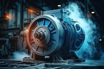 working electric motor, factory, dirty dusty motor, the motor is very hot there is smoke