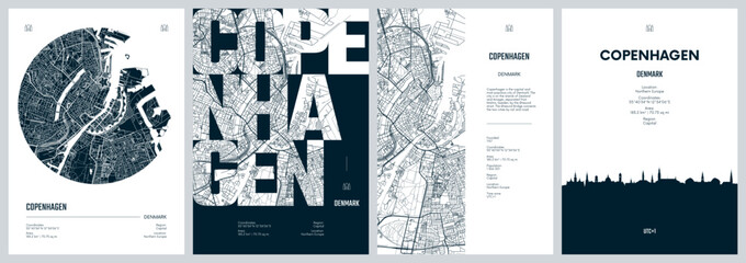 Wall Mural - Set of travel posters with Copenhagen, detailed urban street plan city map, Silhouette city skyline, vector artwork