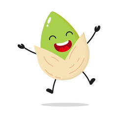 Wall Mural - Cute happy pistachio character. Funny victory jump celebration fruit cartoon emoticon in flat style. pistachio emoji vector illustration