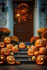 Sticker - house entrance decorated with pumpkins