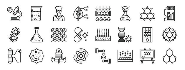 set of 24 outline web nanotechnology icons such as microscope, colloid, scientist, biomimetic, water, chemical reaction, nanotechnology vector icons for report, presentation, diagram, web design,
