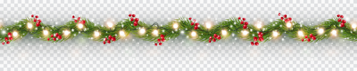 Border with green fir branches, gold lights and red berries isolated on transparent background. Pine, xmas evergreen plants seamless banner. Vector Christmas tree garland decoration