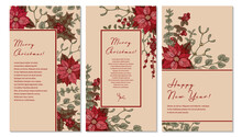 Merry Christmas And Happy New Year Vertical Greeting Card Pack With Hand Drawn Poinsettia Flowers And Mistletoe Branches. Vector Illustration In Sketch Style.