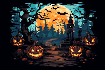 Wall Mural - Halloween background of Halloween pumpkins with cut out faces. Glow and spooky tree. Moon and fog