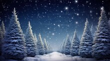 Snowy Christmas Tree Farm, At Night With Lights