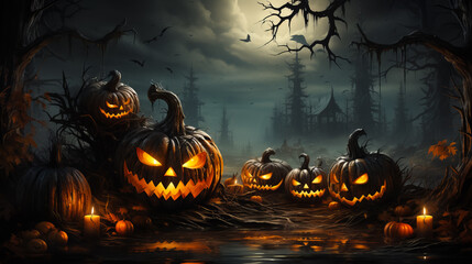 Wall Mural - Halloween background of Halloween pumpkins with cut out faces. Glow and spooky tree. Moon and fog