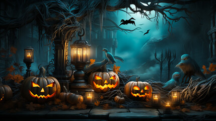 Wall Mural - Halloween background of Halloween pumpkins with cut out faces. Glow and spooky tree. Moon and fog