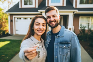 Happy young couple holding their home keys looking at the camera at their house front yard 