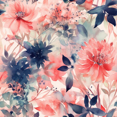 Wall Mural - Floral seamless pattern. Watercolor leaves and flowers background.