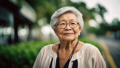 Elderly asian woman outdoors in a park with copy space