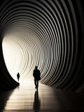 Fototapeta Perspektywa 3d - Silhouette of a person in a tunnel filled with light. AI generated