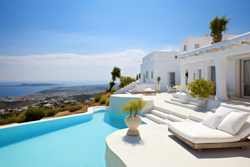 Wall Mural - Modern villa, luxury house or hotel in Greek style by sea in summer