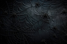 Creepy Web And Black Spiders On Dark Wall, Halloween Night Background