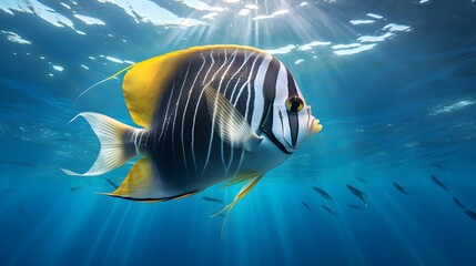 Wall Mural - Close up of a colorful Angelfish swimming in the clear Ocean. Natural Background with beautiful Lighting
