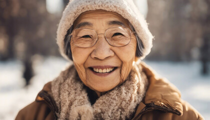 Wall Mural - Elderly asian lady outdoors in winter with copy space