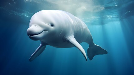 Wall Mural - Close up of a Beluga Whale swimming in the clear Ocean. Natural Background with beautiful Lighting