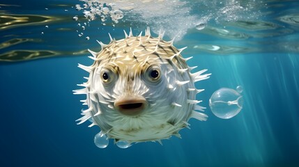 Wall Mural - Close up of a Blowfish swimming in the clear Ocean. Natural Background with beautiful Lighting