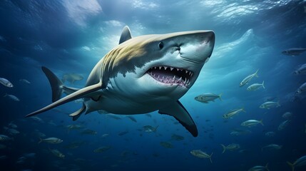 Wall Mural - Close up of a Bull Shark swimming in the deep Ocean. Natural Background with beautiful Lighting