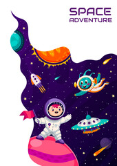 Wall Mural - space landing page. cartoon kid astronaut on planet surface and alien in outer space with rocket and