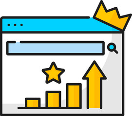 Aufkleber - Ranking, SEM search engine marketing icon for website or web results, vector line pictogram. Target audience reach grow and online content optimization with SEM for webpage top ranking outline icon