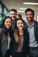 Young happy professional international team business people workers standing in corporate office, diverse multiethnic smiling colleagues company staff posing together. generative AI