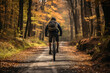 A cyclist navigates a scenic trail that winds through a forest, showcasing the accessibility of outdoor adventure in the neighborhood. Generative Ai.