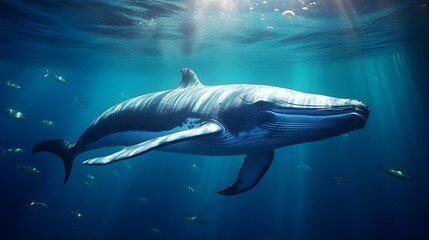 Wall Mural - Close up of a Fin Whale swimming in the deep Ocean. Natural Background with beautiful Lighting