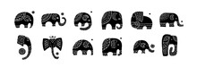 Elephant Family, Black Silhouette Isolated On White. Ethnic Ornament. Art For Your Design