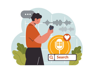 Sticker - voice search. artificial intelligence virtual assistant. man speaking on microphone
