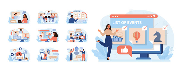 Wall Mural - virtual events set. online education, conference, exhibition, friends