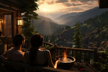 A Couple Relaxes In A Private Hot Tub On A Cabin's Deck, Embracing The Warmth And Tranquility Of Their Secluded Mountain Retreat. Generative Ai.