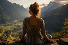 A Traveler Practices Yoga On A Serene Mountaintop, With Panoramic Views And Fresh Air Contributing To A Sense Of Renewal. Generative Ai.