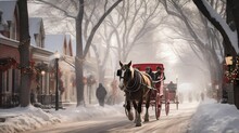 Horse-drawn Carriage Rides Through A Charming Winter Wonderland Village.cool Wallpaper	
