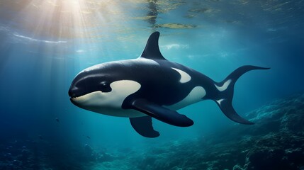 Wall Mural - Close up of a Orca Whale swimming in the clear Ocean. Natural Background with beautiful Lighting