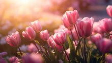Closeup Spring Nature Landscape. Colorful Pink Tulips Blooming