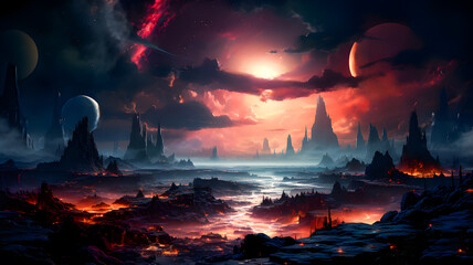 Wall Mural - Space scene with stars, planets and asteroids in the galaxy. Panorama. Abstract Universe filled with stars, planets, asteroids, nebula and galaxy. Generative AI technology.