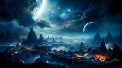 Wall Mural - space scene with stars, planets and asteroids in the galaxy. panorama. abstract universe filled with