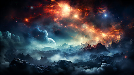 Wall Mural - Space scene with stars, planets and asteroids in the galaxy. Panorama. Abstract Universe filled with stars, planets, asteroids, nebula and galaxy. Generative AI technology.