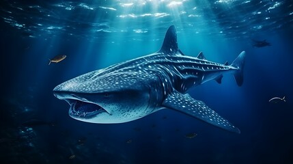 Wall Mural - Close up of a Whale Shark swimming in the deep Ocean. Natural Background with beautiful Lighting