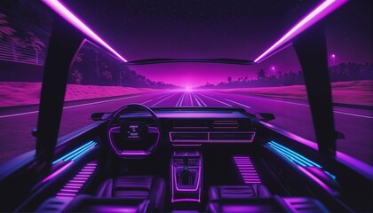 Wall Mural - Night drive in a purple neon synth-wave car, outrun aesthetic