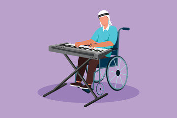 Wall Mural - Graphic flat design drawing Arab male keyboardist sitting wheelchair playing electric keyboard in music event, sing song. Physically disabled. Rehabilitation center. Cartoon style vector illustration