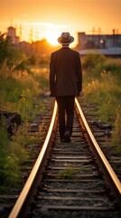 Canvas Print - A man in a suit and hat walking on a train track. Generative AI.