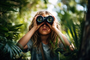 Poster - Curious Gaze: Young Girl Observing with Binoculars
