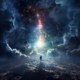 Fototapeta  - Illustration of ethereal clouds floating in the middle of cosmos with silhouette of person in light. Stunning forms in mesmerizing vision ascend to the heavens amidst the darkness.